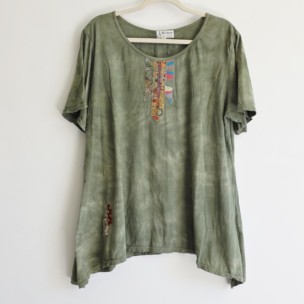 Nu Views Boho Olive Green Short Sleeve Asymmetrical Tunic Top Women's Size XXL